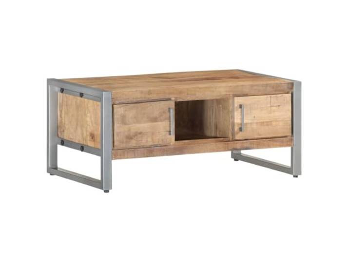 Couchtisch 95x50x40 cm aus Rauem Mangoholz mit Eisenrahmen und Stauraum Handgefertigt, tropisches Hartholz, verschleißfest, zwei Türen, ein Fach, industrieller Stil