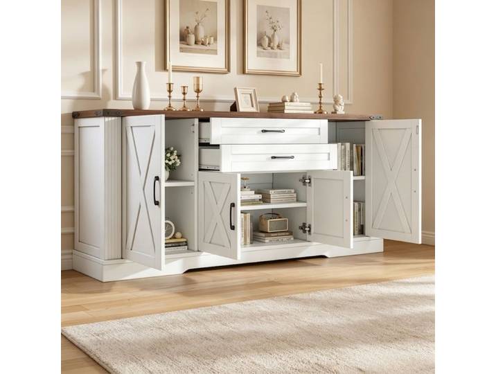 Buffet cuisine blanc 160 cm 4 portes et 2 tiroirs meuble de rangement style campagne Norevia