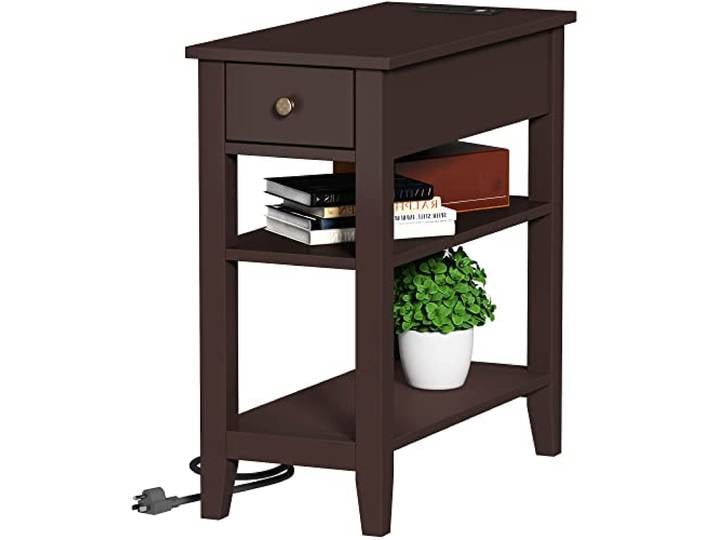 ChooChoo Beistelltisch Wohnzimmer mit Ladestation und Schublade Schmaler Beistelltisch, 3-stöckiger Sofa-Beistelltisch, kleiner Raum, Espresso