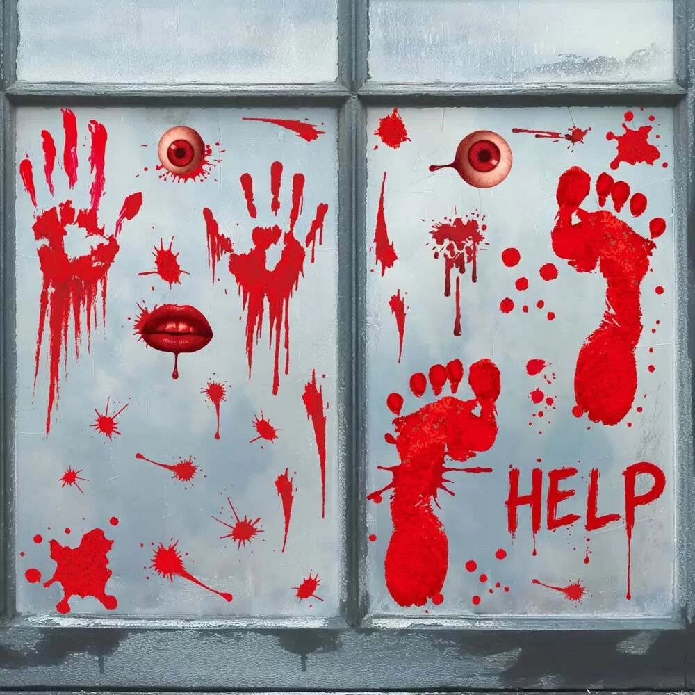 INF Lot de 2 autocollants de fenêtre d'Halloween avec empreintes de mains sanglantes