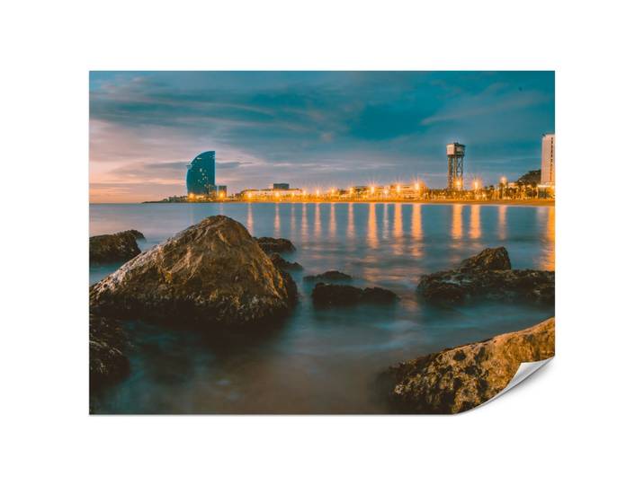 FOTOTAPETE für Wohnzimmer Barcelona Küste Nacht Meer Felsen 200x140