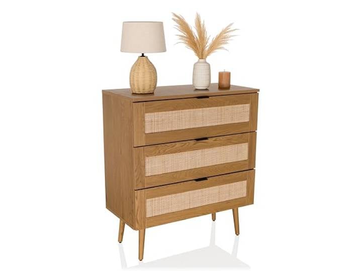 hjh LIVING Commode avec cannage en rotin 80x40x90 cm BOHEO K Armoire avec 3 tiroirs\, Commode à tiroirs avec Beaucoup d'espace de Rangement\, Aspect chêne