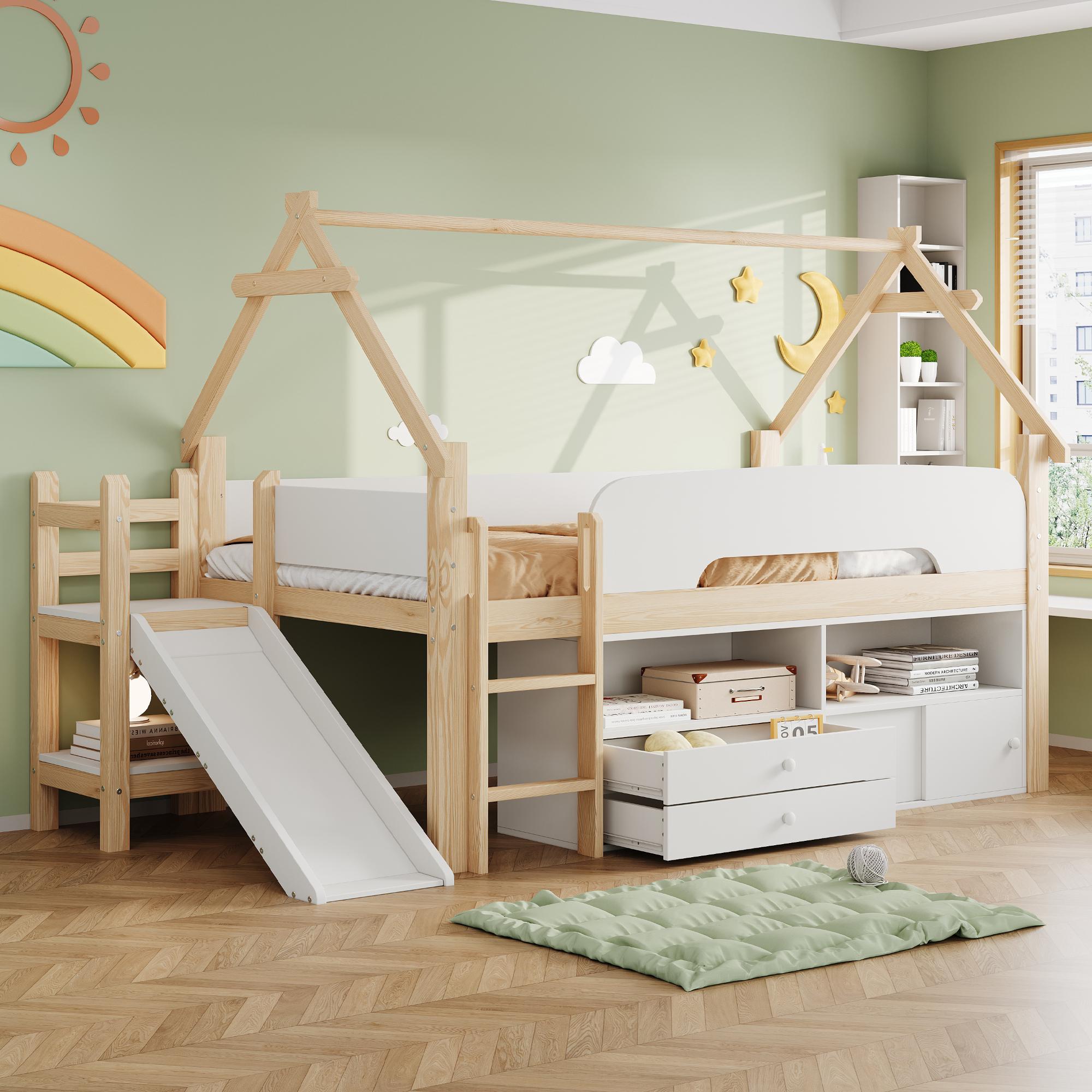 Merax Etagenbett 90x200cm mit Dachrahmen, Hochbett mit Sicherheitsrutsche und Schubladen, Kinderbett mit Spielbereich & Sicherheitsgeländer, Natur