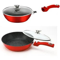 Cheffinger WOK Pfanne 30cm Induktion Aluguss mit Deckel Antihaft Bratpfanne abnehmbarer Griff Marmorbeschichtung Gastronomie Home Wokpfanne Rot