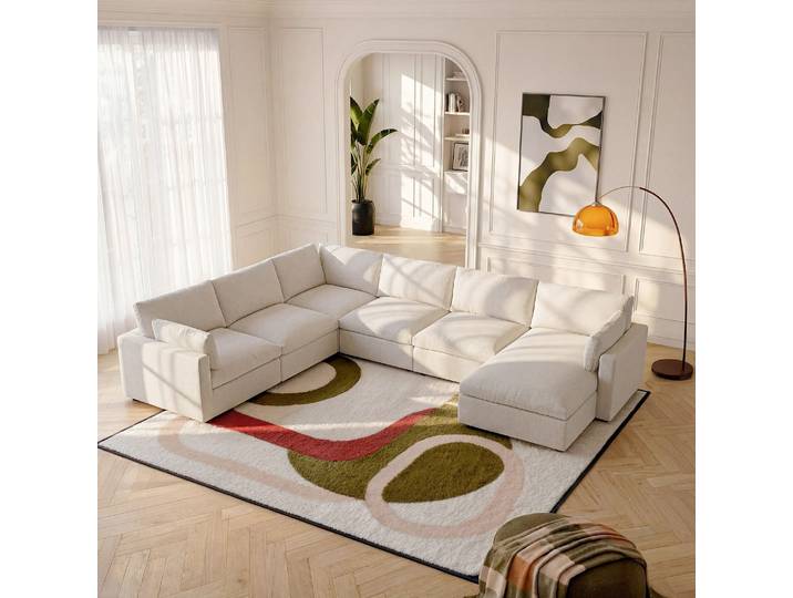 HABITAT - Grand canapé d'angle 7 places modulable en tissu - Ivoire - Lavinio