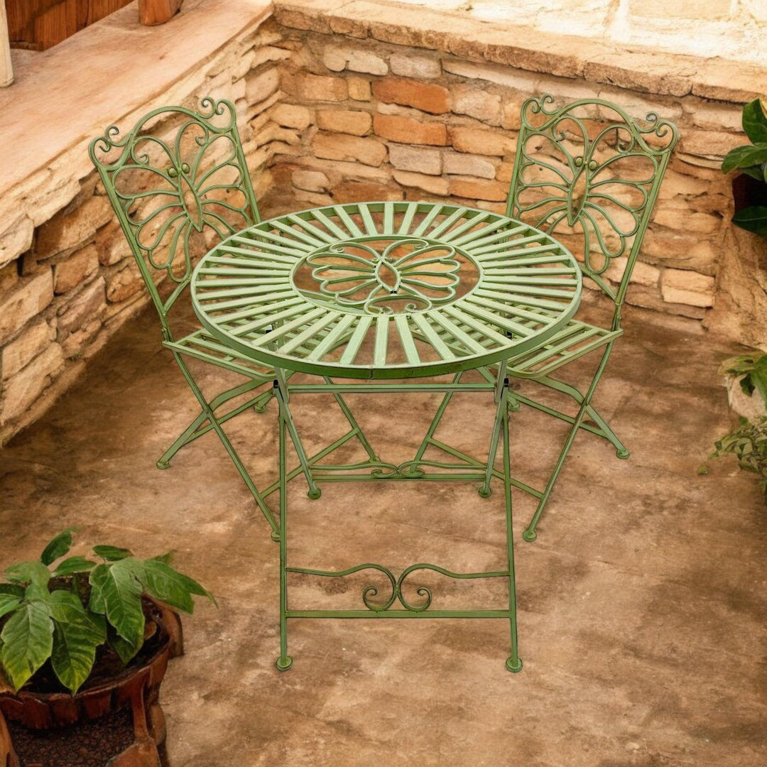 Bay Isle Home Windermere 2-Person Metal Patio Foldable Dining Set – Stylish Durable Round Table & Chair Set for Garden & Outdoor Seating Green 2