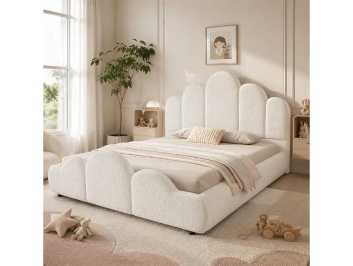 BXEYXE Polsterbett, Kinderbett 140 x 200cm, Bett mit gepolstertes Kopfteil, abgerundete Ecken, bouclé, beige
