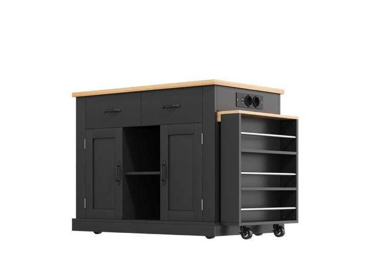 Îlot central mobile noir avec table escamotable extensible prises USB et rangements