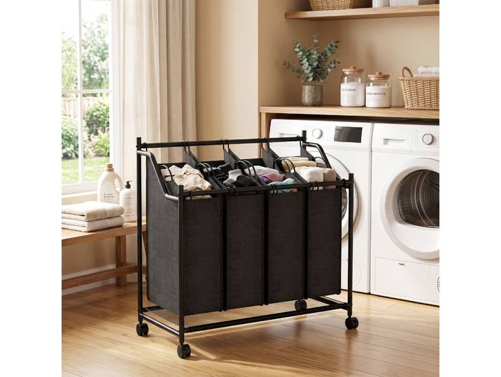 HOMCOM Panier à Linge 108L Acier Noir 4 Sacs Roues 20kg