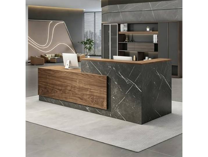 UKETO Moderne Empfangstheke aus Holz - L-Form Empfangstresen für Büros multifunktionaler Empfangstisch mit großzügigem Stauraum Geeignet für Büros Rezeptionen Hotels (Links hoch-C, 160CM)