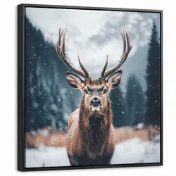 LEINWAND Bilder mit Rahmen - Hirsche - Tiere - Landschaft - Winter - Schnee - 50x50