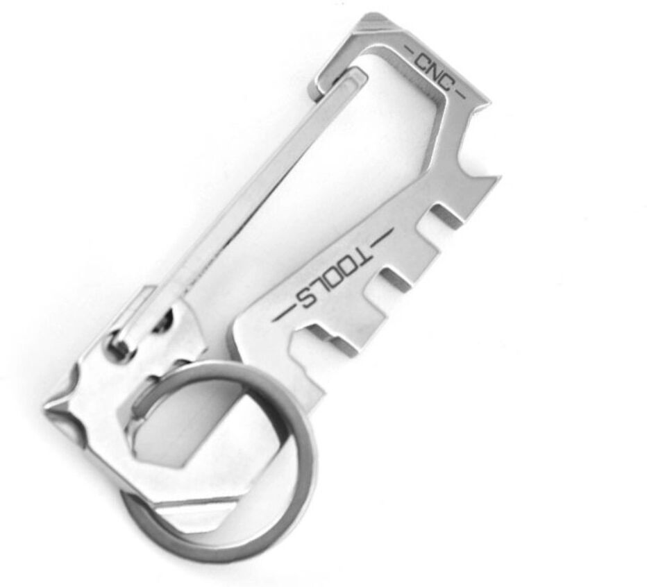 INF Porte-clés mousqueton multi-outils 12-en-1 en acier inoxydable – Argent, compact pour randonnée et accessoire voiture