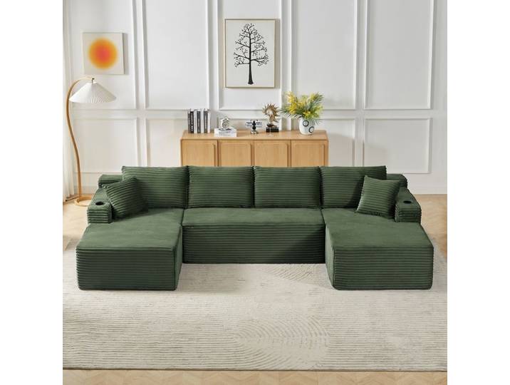 Canapé panoramique 6 places Canapé modulaire en forme de U canapé en velours côtelé canapé compressé 339x168x82cm Vert