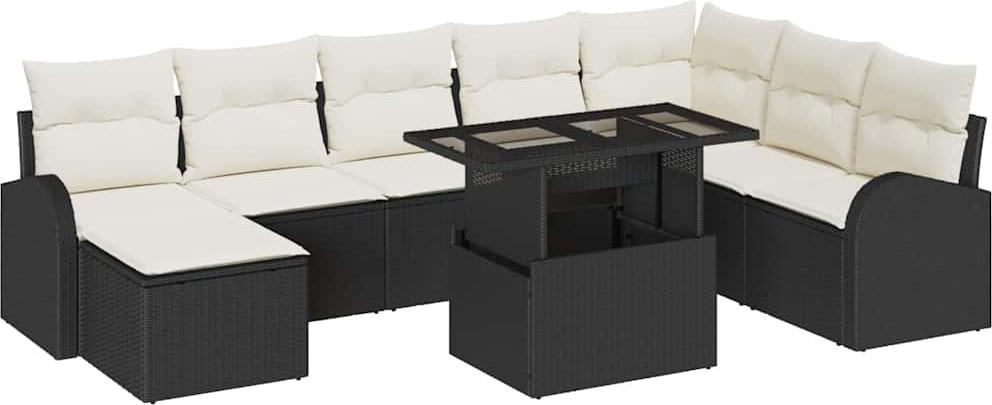 Modulares Garten-Sofa-Set, 9-teilig mit Speicher, wetterfestes Poly-Rattan Schwarz, höhenverstellbarer Tisch, 7 Sitzplätze