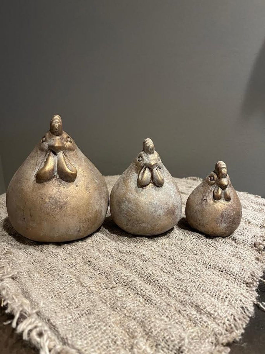 Brynxz Set van 3 Chicken Jewel decoratieve kippen, bruin met goud, landelijke stijl