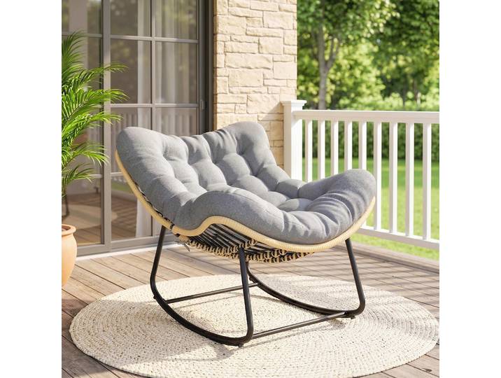 Outsunny Fauteuil Bascule Rotin Gris Coussin Jardin Int/Ext 120kg