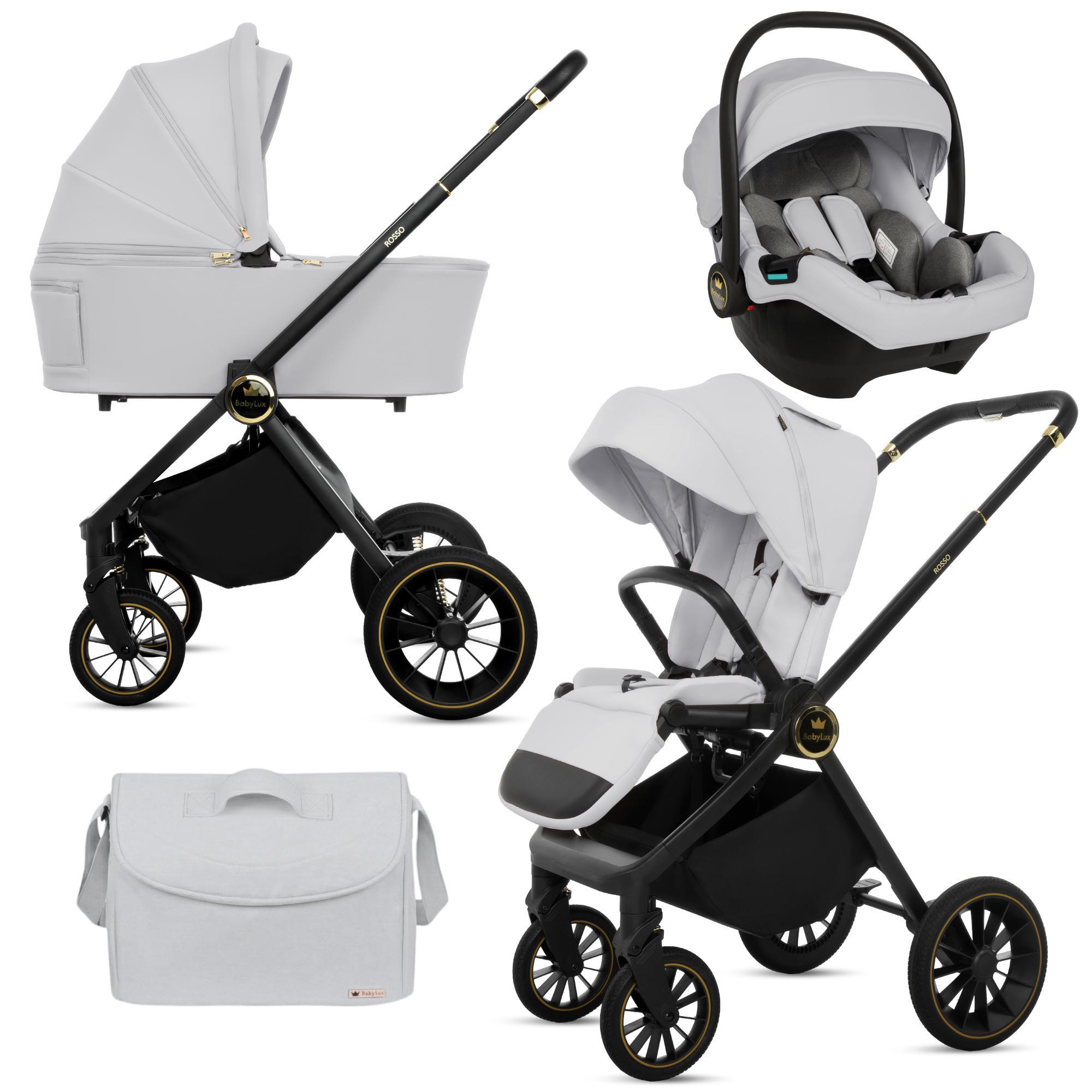BabyLux Kinderwagen 3in1 Set ROSSO, Silber Faltbar Leicht Kombikinderwagen Set incl. Babywanne, Buggy Sportsitz, Babyschale i-Size, Wickeltasche