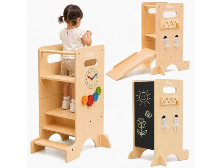 Olvy Montessori Lernturm Learning Tower Holz für Kinder ab 1 Jahr 1 Stück 4-in-1 Modell Für Entdecker 4 Stufen & Kreidetafel Sicherer Tritthocker Küche