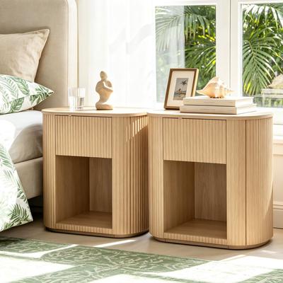 Uixe Modern Fluted Solid Wood Nightstand With Drawer Open Storage