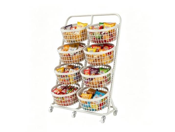 Dexinhdh Snack-Organizer-Ständer, Obstkorb, Gemüseständer mit Rollen Metall-Verkaufsregale für Laden, Supermarkt, Küche, Wohnzimmer, Schlafzimmer(White,D)