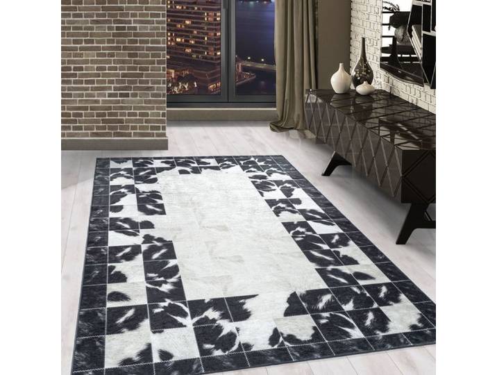 Carpetsale24 Tapis lavable design patchwork tapis noir blanc 200x290 cm impression numérique tapis à poils courts pour salon