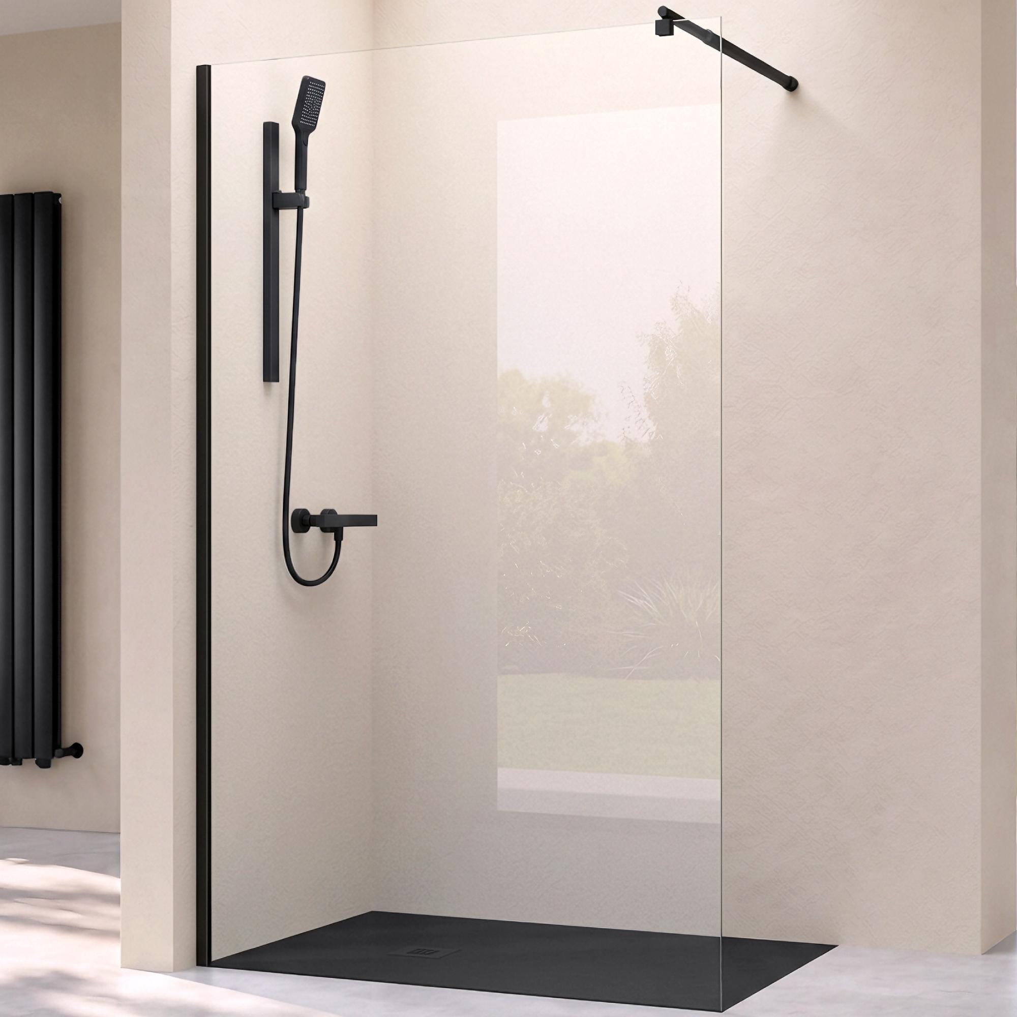 doporro Duschwand 150x200cm Walk-In mit 30cm Nebenteil, 10mm Duschabtrennung schwarz Bremen mit rundem Stabilisator, aus Echtglas ESG-Sicherheitsglas