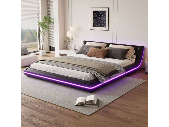 160*200cm Lit plat Lit de base PU Lumière ambiante LED Noir