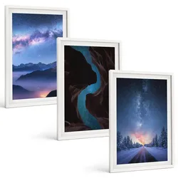 BILDER SET 3er Set - 40x60 cm Weißer Rahmen - Nachthimmel, Berge, Winterlandschaft