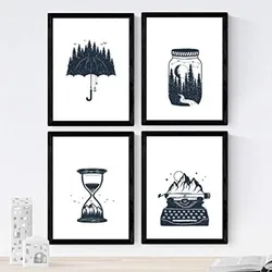 POSTER Set mit 4 Natur im nordischen Stil Elemente in blauweiß A4 Rahmenlos