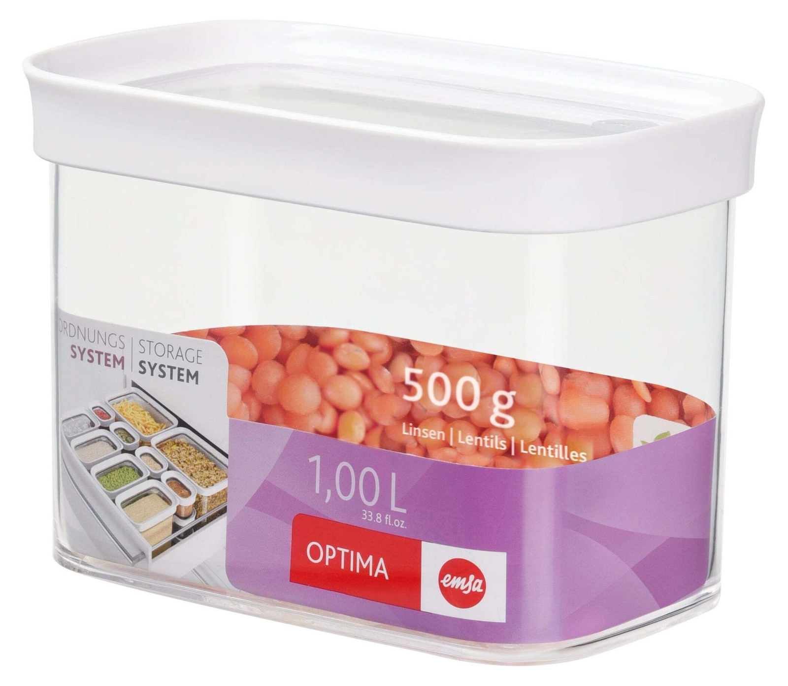 Emsa Optima Luchtdichte Voorraadbus, 1,0 liter, Transparant/Wit
