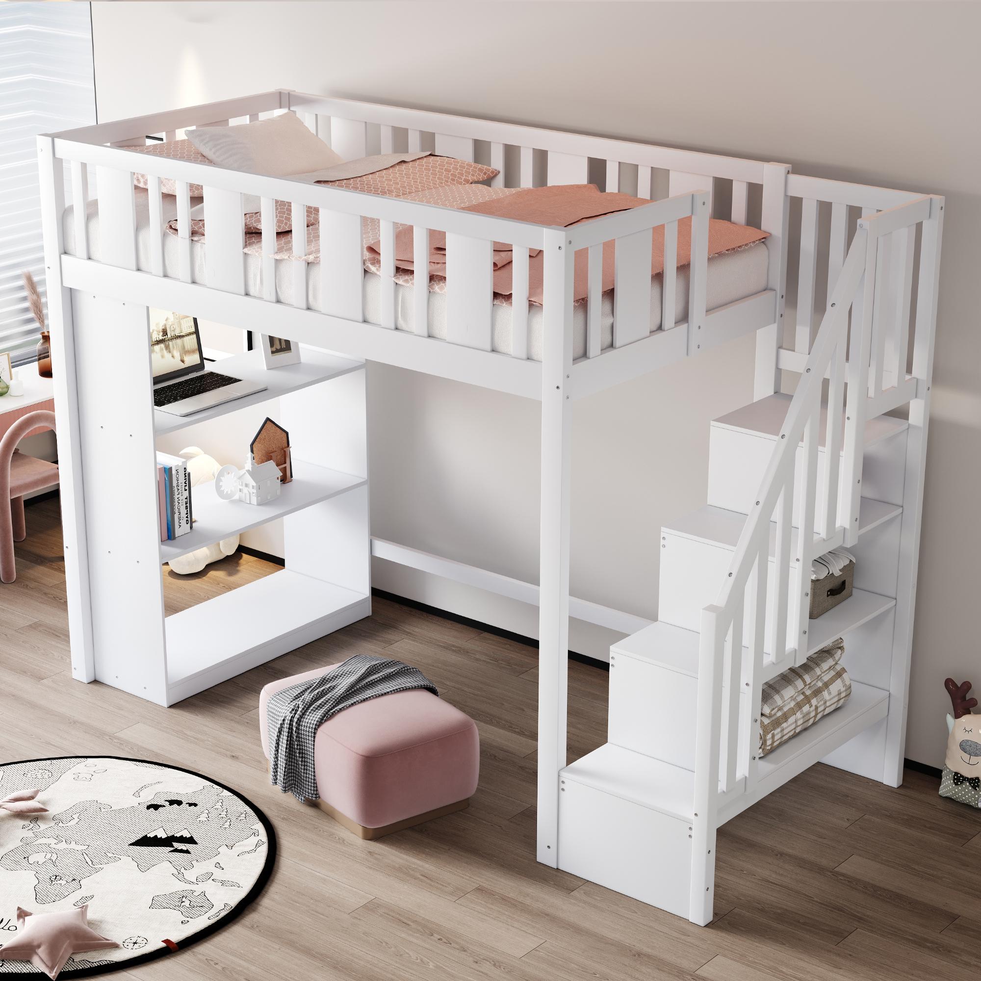 Merax Etagenbett Hochbett 90x200 mit Stauraumtreppe und Regalfächern, Jungenbett mit Sicherheitsgeländer, Kinderbett aus Kiefernholz, multifunktional, Weiß