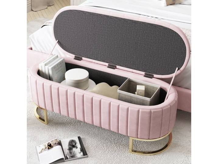 Banquette coffre de rangement EVRYAE 120 cm en velours rose assise rembourrée avec pieds en métal