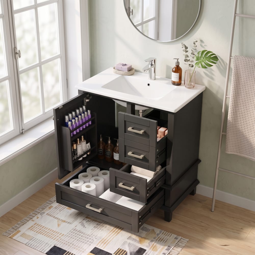 Urban Meuble Meuble sous-vasque noir avec vasque céramique et tiroirs, 76 cm Noir 76x84x46cm