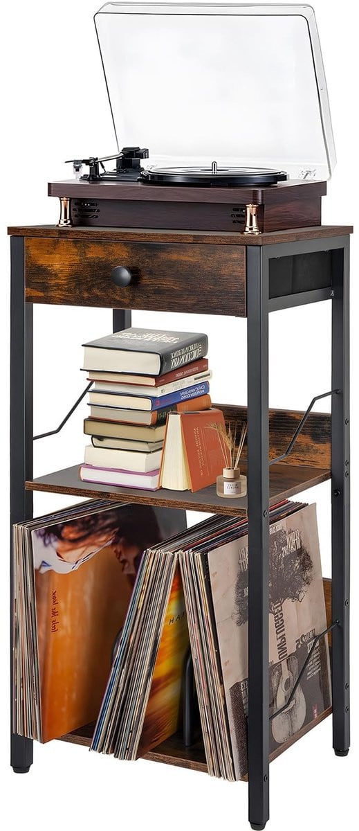 Merkloze Vinyl Platen Stand met Opberglade en Planken