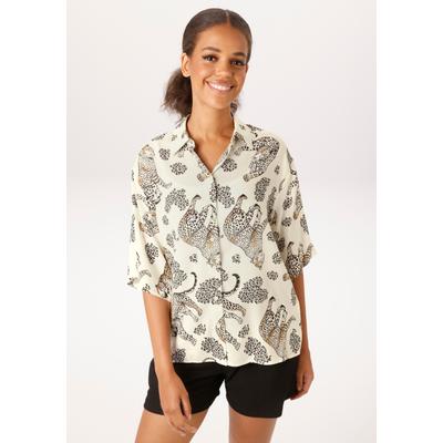 Hemdbluse ANISTON CASUAL, Damen, Gr. 36, weiß (wollweiß, schwarz, hellbraun), Web, Obermaterial: 100% Viskose, bedruckt, oversize hüftlang, Blusen Hemdbluse, mit dekorativen Leoparden bedruckt