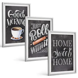 BILDER SET 3er Set - 40x60 cm Silberner Rahmen - Motive und Inschriften für die Küche