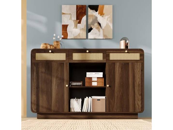 FammyLoft Sideboard Wohnzimmer mit 3 Schubladen & 2 Schränke, Buffetschrank mit Rattan & Goldgriffen, 120×40×85cm, Modern Wohnzimmerschrank mit Offenes Regal für Schlafzimmer & Flur, Nussbaum