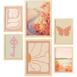POSTER Set Mit 6 Orangefarbene Wiesen A3 & A4 Rahmen Aus Hellem Holz