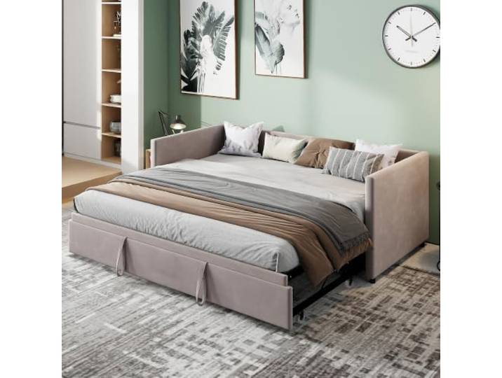 Xanthyl 2-Sitzer-Sofa 90 x 200 cm aus grauem Samt – Schlafbank, ausklappbar, 180 x 200 cm, mit Rollen, modulares Sofa für Gästezimmer und Wohnzimmer