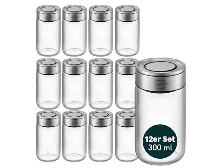 SILBERTHAL Gewürzgläser 12er Set 300 ml mit Klickdeckel, stapelbar Kräuter, Lorbeer und alles Voluminöse. Luftdicht und mottensicher per Silikondichtung