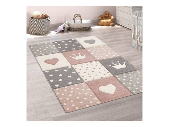 KADIMA DESIGN Kinderteppich Herz‑Kronen‑Patchwork‑Muster Kinderzimmer Kinderteppich, Rechteckig, Höhe: 16 mm, Florhöhe: 12 mm, 100% Polypropylen, Rechteckig, 140x200cm, Pink