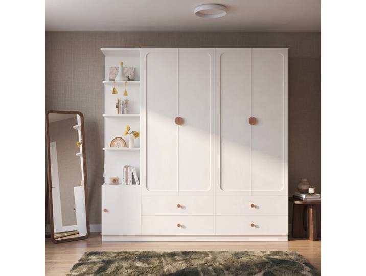 Grande armoire 225x45x200 cm-armoire blanche à portes pivotantes avec 3 tringles à vêtements-4 tiroirs et armoire latérale flexible