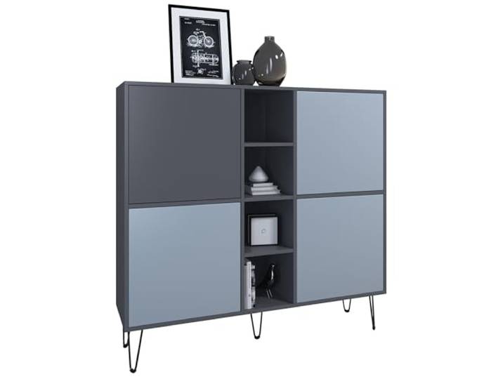 Vladon Highboard Havana V3, Kommode mit 4 Türen und 4 offene Fächer, Kommode Made in Germany, Anthrazit matt/Denim matt (130,5 x 124 x 35 cm)