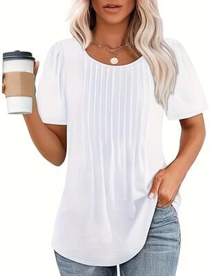 Uplifted Finds Women V Neck Puff Pleated Summer Tunic Blouse Casual Work Top xl white