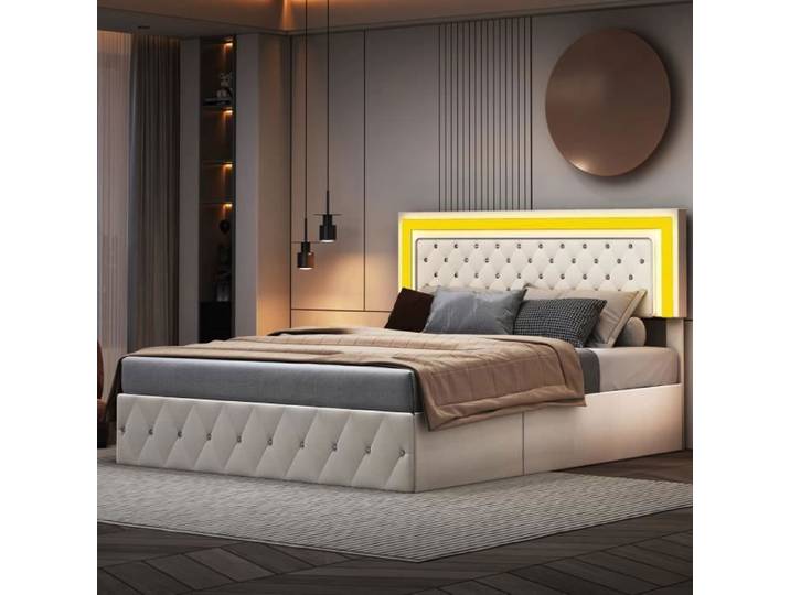 Lit Coffre 160x200 Led - YLSZHYR - Lit Double Capitonné - Beige - Métal - Contemporain - Design