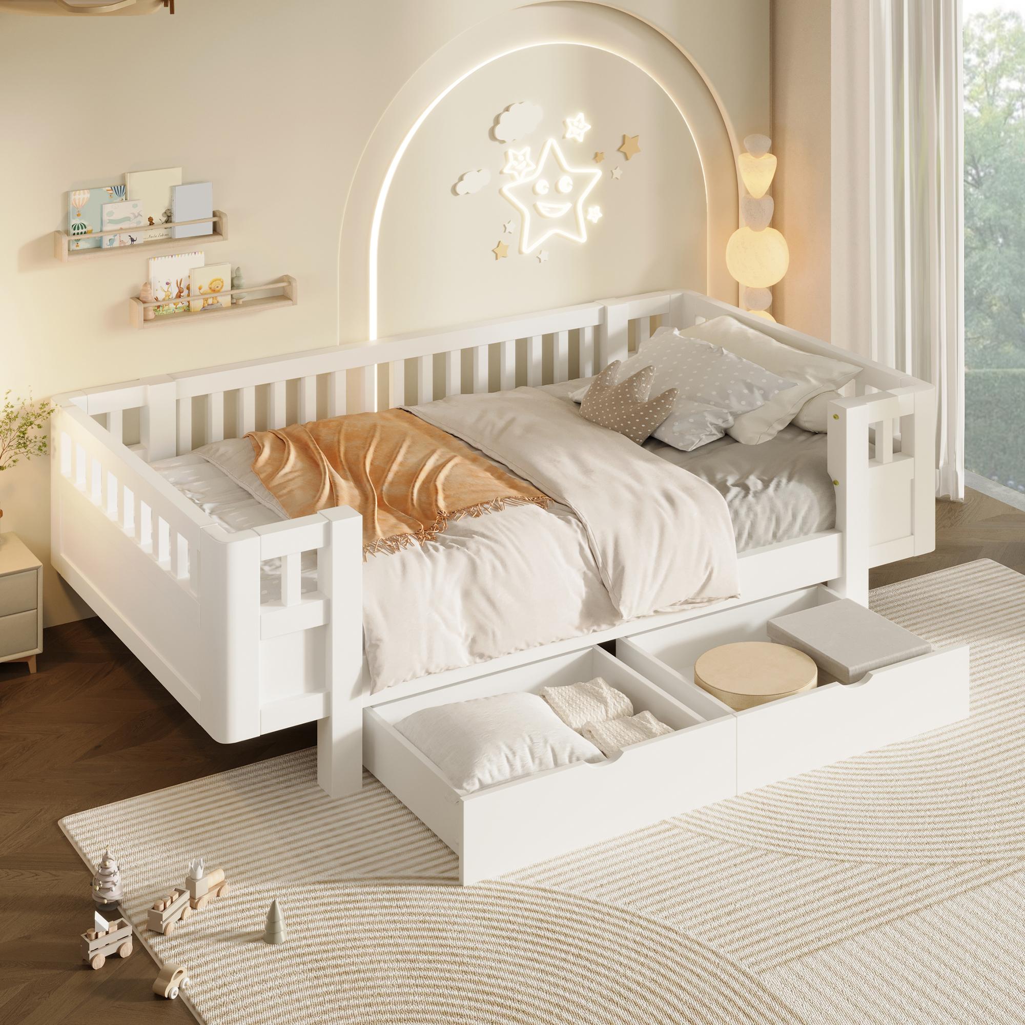 STILVORA Plattformbett 90x200cm mit Matratze Bettgestell mit hohem Schutzgitter, Kinderbett mit 2 großen Schubladen, Funktionsbett mit Stauraum, Weiß