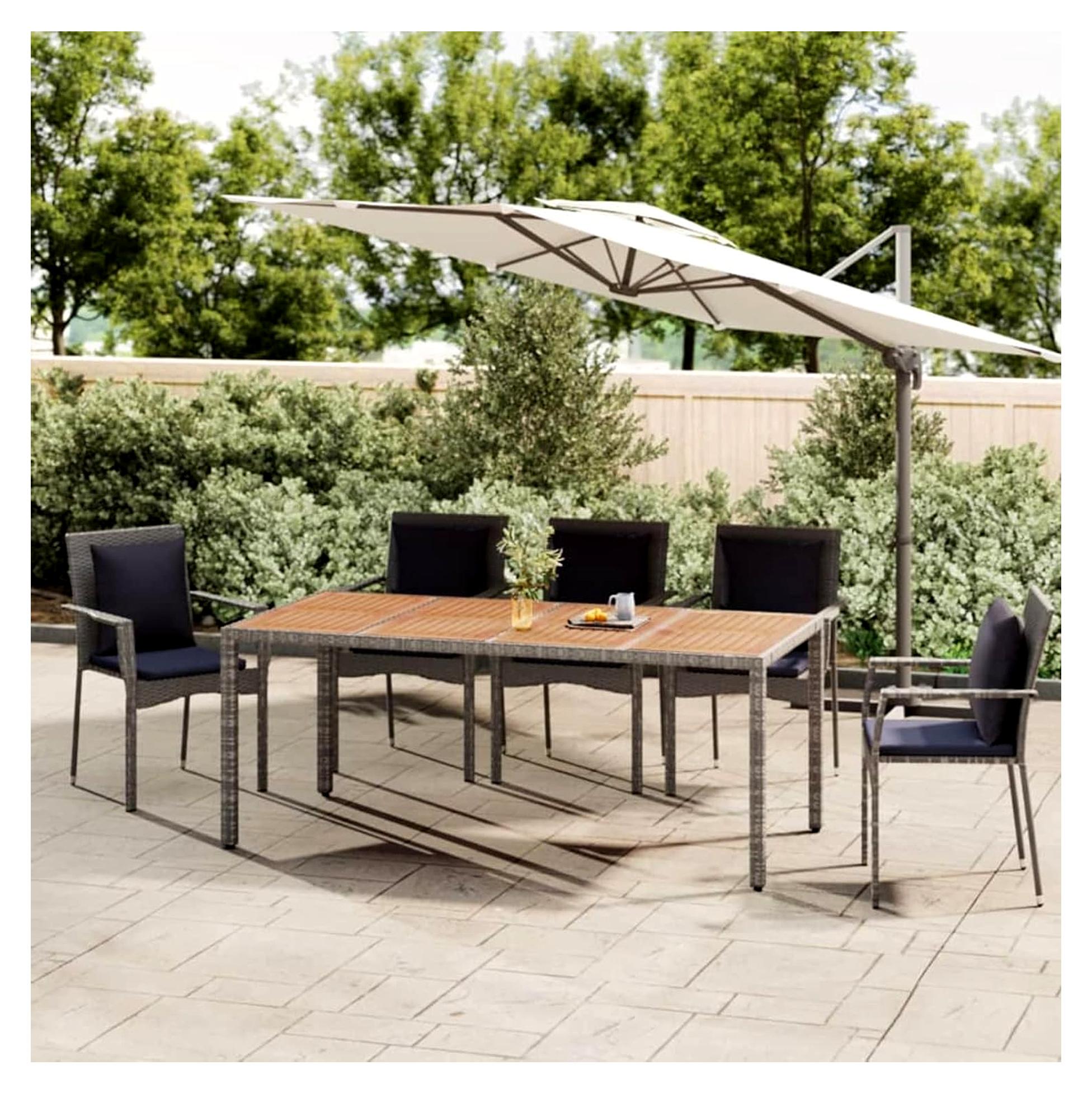 Gartentisch mit Holzplatte, Balkontisch, Terrassen Tisch, Terrassentisch, Esstisch Garten, Gartenmöbel, Gartenesstisch, Grau Poly Rattan & Massivholz Akazie