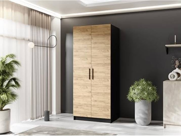 KIER FURNITURE - Drehtürenschrank - Kleiderschrank mit Kleiderstange - Garderobenschrank für Schlafzimmer, Flur - Flurgarderobe Schwarz & Craft Eiche Holzoptik - 78x205x52,5 cm