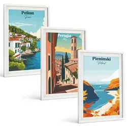 BILDER SET 3er Set - 40x60 cm Weißer Rahmen - Malerische Retro-Landschaften