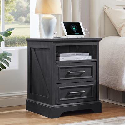 ACCOHOHO Farmhouse Nightstand with Charging Station, End Table with 2 Drawers